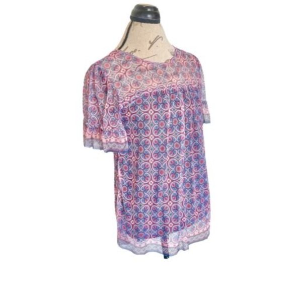 Womens Knit Mesh Blouse Top Size Medium Ruffle Pleated Boho Gypsy - Picture 2 of 12